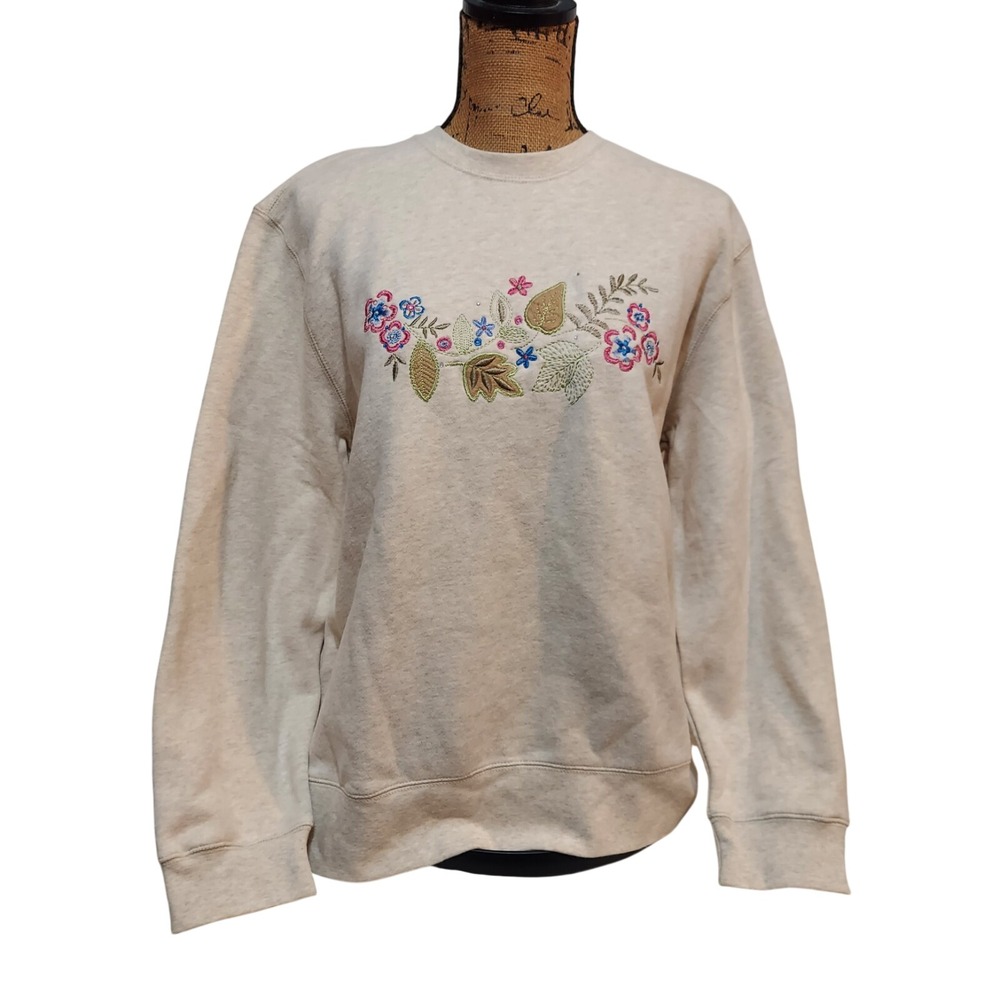 Classic Elements Embroidered Floral Leaf Cream Sweatshirt Womens Large Vintage‎